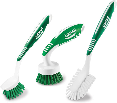 Libman Green & White Cleaning Brush Kit, 3-Piece Set, All-Purpose Brushes for Kitchen, Basins, Sinks, Dishwashers...