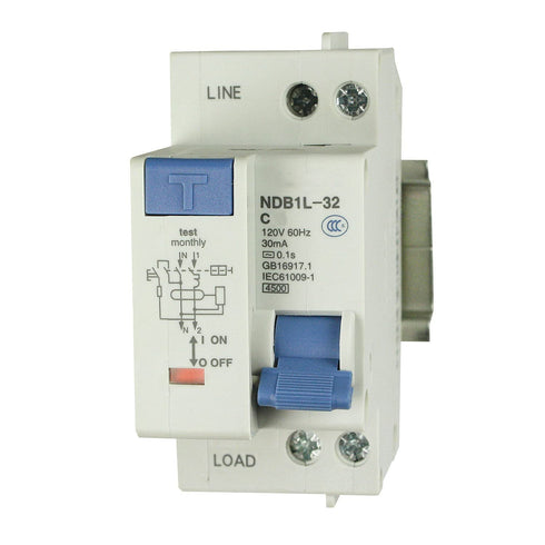 ASI NDB1L-32C-20-120V Ground Fault Circuit Breaker DIN Rail Mount, 20A, 120V AC, 1 Pole + Neutral Pole, Miniature Circuit Breaker, Trip Curve: C, ...