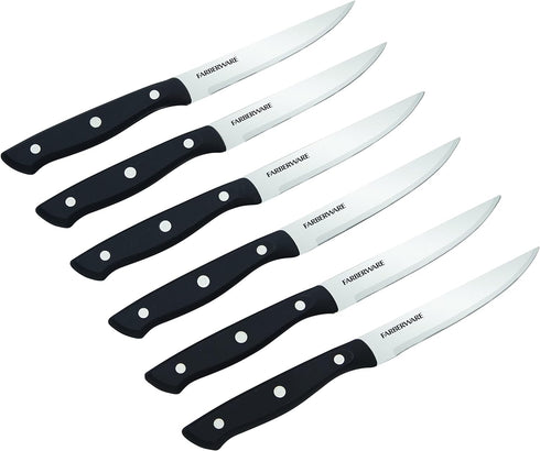 Farberware Triple Riveted Steak Knife Set, 6-Piece, High-Carbon Stainless Steel Knife Set, Razor-Sharp Steak Knife Set with Fine Edge Blades, Blac...