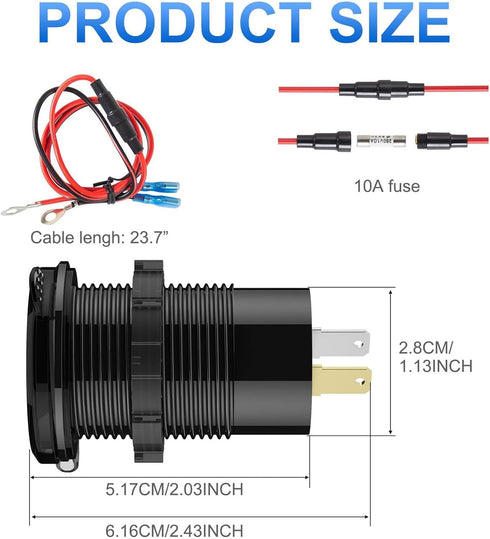 2 Pack 12V USB Outlet Wire Aluminum Car Charger Multi Port, Dual USB Quick Charge 3.0 Port and PD USB C Socket with Voltmeter Switch for Car Boat ...