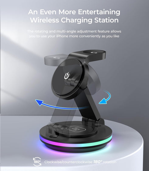 Facbiny 3 in 1 Wireless Charging Station for Multiple Devices, Rotatable & Foldable Magsafe Charger Stand with Night Light & 20W Adapter for iPhon...