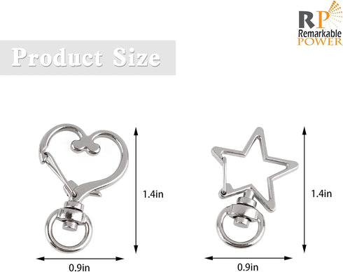 RP Remarkable Power, 100 Pack Silver Metal Star Heart Shape Claw Swivel Lobster Clasp Alloy Snap Hook Keychain Clip for Jewelry Making Bag Accesso...