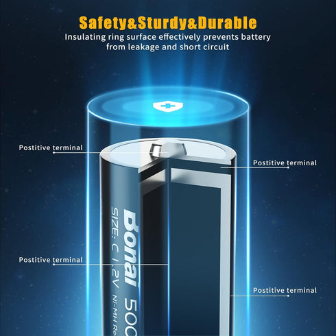 BONAI Rechargeable C Batteries, C Cells 5000mAh 1.2V Ni-MH High Capacity C Size Battery (4 Pack)...