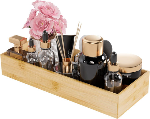 Bathroom Vanity Tray Organizer Bamboo, Small Wood Tray for Bathroom Counter Kicthen Drawer, Rectangular Toilet Paper Storage Basket Box, Guest Sin...