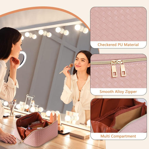 Cessfle Large Capacity Travel Cosmetic Bag Plaid Checkered Makeup Bag Portable Leather Waterproof Skincare Bag with Handle and Divider for Women…,...