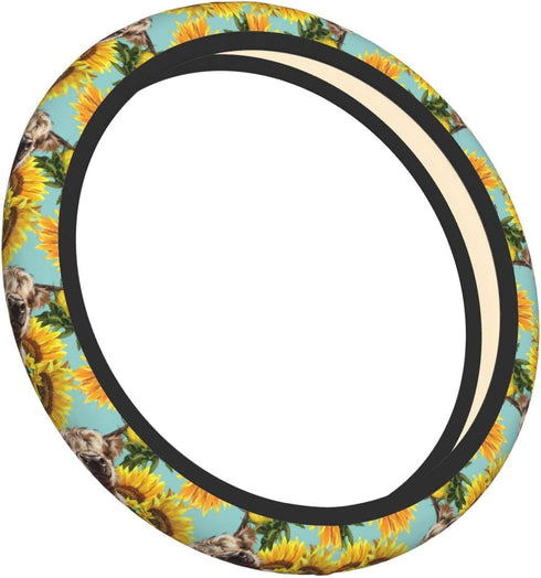Highland Cow With Sunflower Elastic Steering Wheel Cover, Universal 15 Inch Fit, Neoprene Rubber Car Steering Wheel Covers, Anti-Slip Car Accessor...