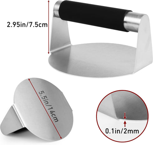 Kaudun Burger Press with Anti-Scald Handle, 5.5 in Stainless Steel Burger Smasher, Round Hamburger Press, Non-Stick, Griddle Accessories Kit for H...