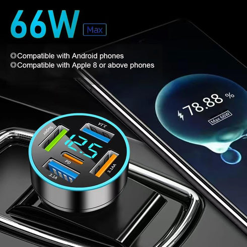 66W Car Charger Adapter 5 Port USB Car Charger PD 30W QC3.0 3.1A Car Cigarette Lighter USB Charger with LED Voltmeter Fast Car Charger Compatible ...