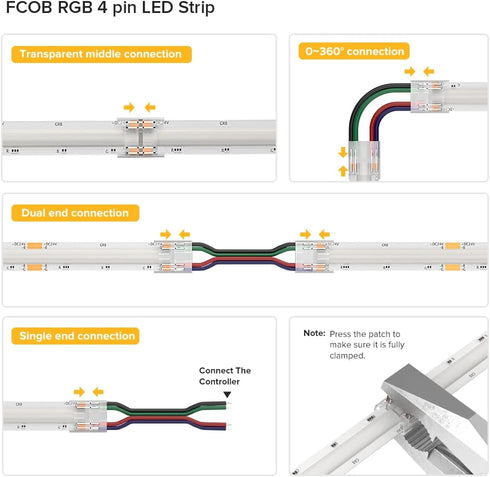 BTF-LIGHTING FCOB 4Pin 10mm 0.39in Transparent Connector Kit 30pcs Corner Connector 30pcs Gapless Solderless Connector 10pcs 5.9in Long 22AWG Exte...