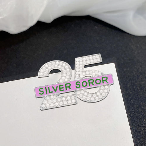 Pearl Number 25 Silver Soror Pin Pink And Green Sorority Greek Letters Lady Brooch Gifts Sisterhood Jewelry...