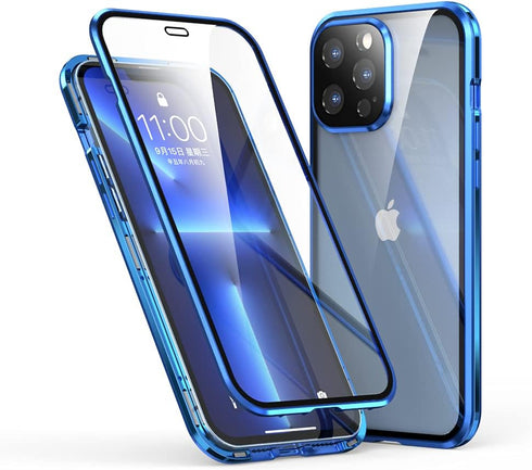 Case for iPhone 13 Pro Max Screen and Camera Protector with Double Tempered Glass and Metal Frame Magnetic Cover - Blue...