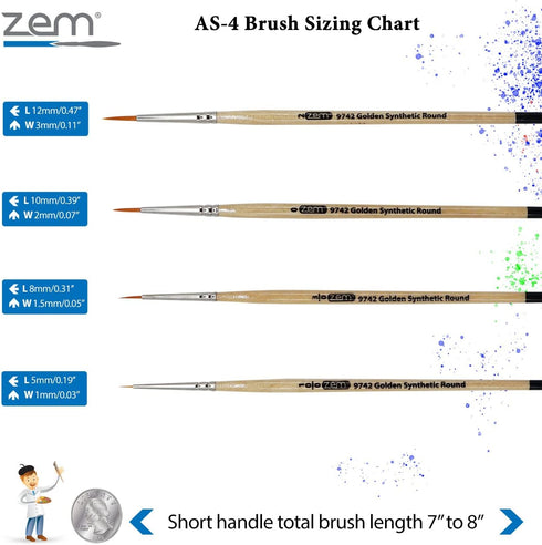 ZEM Brush Golden Synthetic Small Detail Round Artist Brush Set Sizes 10/0, 3/0, 0, 2...