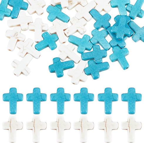 SUNNYCLUE 1 Box 100Pcs Cross Beads Bulk White Blue Synthetic Turquoise Stone Beads Easter Holiday Pocket Crosses 16x12mm Mini Small Loose Spacer C...
