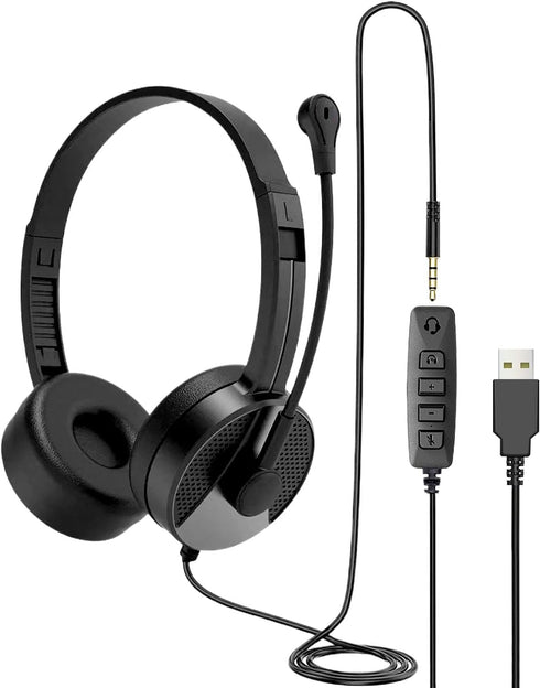 USB Headset with Microphone for PC, 3.5mm Jack 2 in 1 Headset,Wired Stereo Computer Headphone,Lightweight Headset with Volume Control Wired Headse...