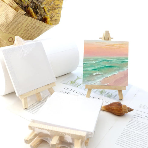 WYBG 4 Pieces Mini Canvases for Painting with Easel Set, 3x3 Inch Stretched White Blank Canvas Panels Wood Easels Small Canvas with Easel Small Ca...