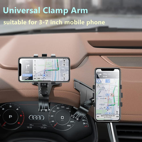 Car Phone Holder, Multifunction Car Dashboard Holder Rearview Mirror with 360 ° Adjustable Spring Clip, Suitable for 3 to 7 Inch Smartphones (Cent...