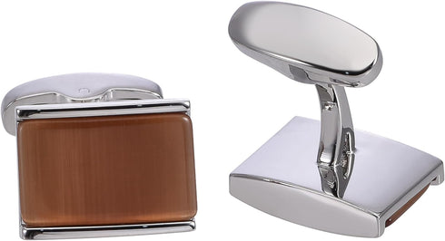 Rectangle Brown Cats Eye Gemstone Cufflinks for Men Women In Gift Case Silver Elegent Gem Men's Cufflinks Jewelry Set for Wedding Party Anniversar...