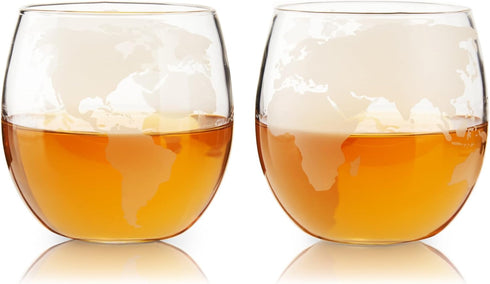Viski Globe Glass Whiskey Tumblers, Etched Glass Whiskey Enthusiast Gift and Glassware Accessory, 10 oz, Set of 2...