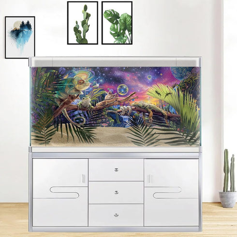 Aquarium Background with Galaxy Space Planet Design, Waterfall Landscape Tapestry Fantasy Mountain Wave Wall Tapestry Mysterious Neon Plants Fish ...
