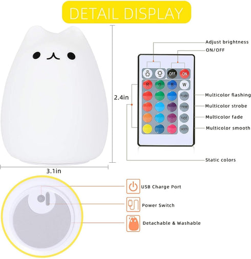 ZKLiLi Cat Night Light, Cute Nursery Lights USB Rechargeable Cat Lamp Nightlight Birthday Christmas Gift with Warm White and 7-Color Breathing Mod...