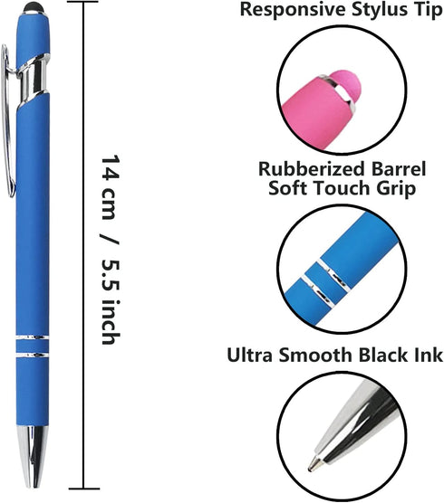 Ballpoint Pen with Stylus Tip, Soft Touch Click Metal Pen, 1.0mm Medium Point, Black Ink, 12 Count(Blue)...