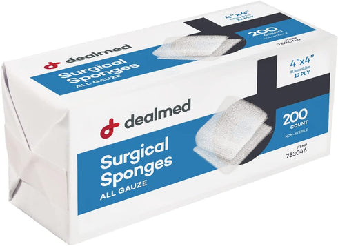 Dealmed 4" x 4" Surgical Sponges, 12-Ply, Absorbent Woven Gauze Pads, Non-Sterile Wound Care for First Aid Kit and Medical Facilities, 200 Count (...