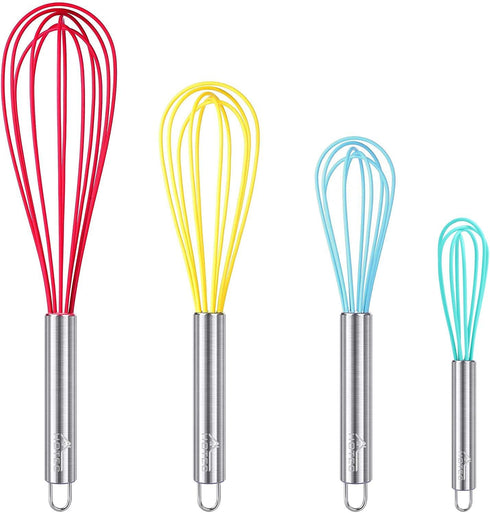 HOTEC 4 Pieces Silcone Whisks Set, Wire Balloon Whisks for cooking Egg Beater, Non-slip Handle Whisk for Non-stick Cookware Perfect for Cooking, S...