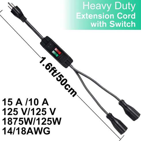 2 Way Extension Cord with On/Off Switch 3 Prong Outdoor Extension Cord Splitter, Heavy Duty Extension Cord with SJTW 14AWG 15A/125V and 18AWG 10A/...