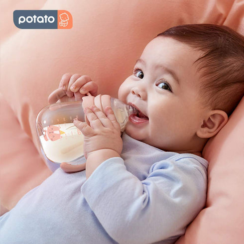 POTATO Glass Baby Bottles, Anti-Colic Breastfeeding Bottles with Fast Flow Nipple, Suitable for Babies 6-12 Months, 2 Replaceable Nipples, 8 oz, P...