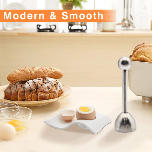 Egg Cup for Soft Boiled Eggs, Kitchenexus Egg Cups & Cracker Topper Set, 4pcs Set Ceramic Wave Egg Holder with Stainless Steel Egg Shell, Egg Stan...