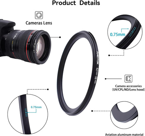 62mm Lens to 58mm Camera Lens Adapter,62mm to 58mm Filter Step up Ring Adapter Ring,Compatible All 58mm Filter Accessory...
