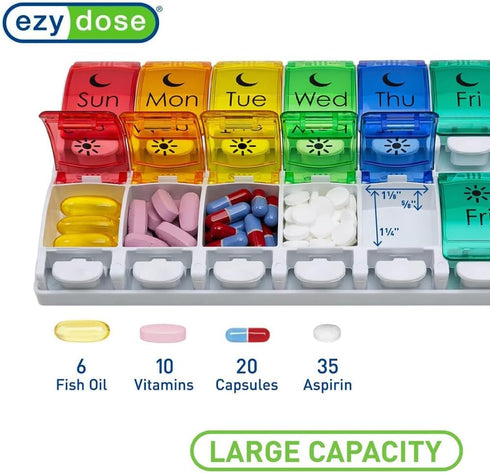 EZY DOSE Weekly (7-Day) Pill Case, Medicine Planner, Vitamin Organizer, 2 Times a Day AM/PM, Removeabale Trays, Large Push Button Compartments, Ea...