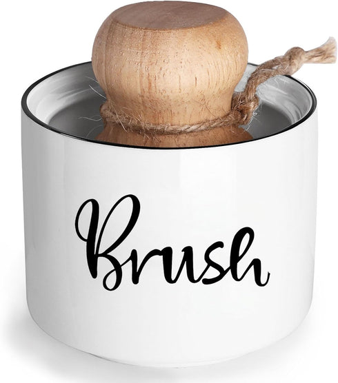 Ceramic Dish Brush Holder, Farmhouse Scrub Brush Holder Dishwashing Brush Stand, Soap Dispensing Kitchen Brushes Holder, Easy to Clean, 8 oz (Whit...
