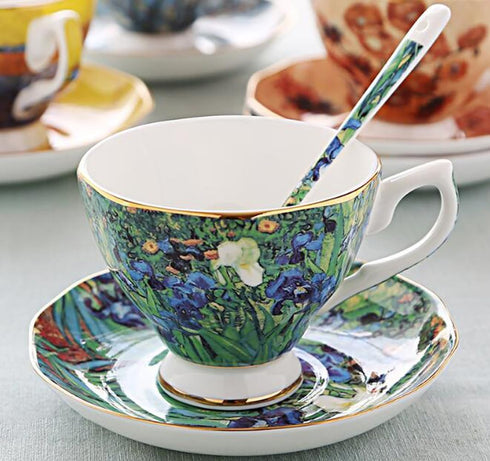 YBK Tech Bone China Cup and Saucer Set, 7oz Tea Cup - Design Inspired by Van Gogh's Paintings (Iris flower)...