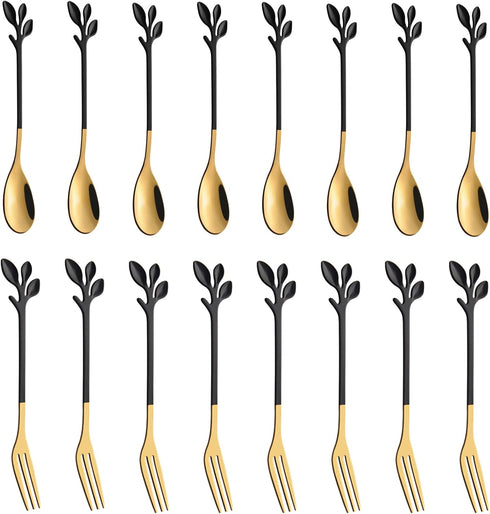 AnSaw 8-Pieces Small Coffee Spoons and 8-Pieces Desserts Forks, 4.7-inch Stainless Steel With Leaf Handle (Black & Gold)...