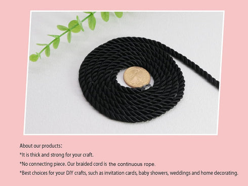 PAMIR TONG Black 5mm Twisted Satin Cord for Crafts 10 Yards Braided Decorative Cotton Cords Trims Polyester Twine Cord Thick Round Fabric Rope Thr...