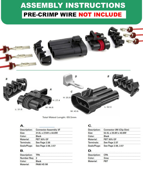 Metri-Pack 46Amp (3-PIN) 630 Series Waterproof Connector Terminals and Seals 10-12 AWG...