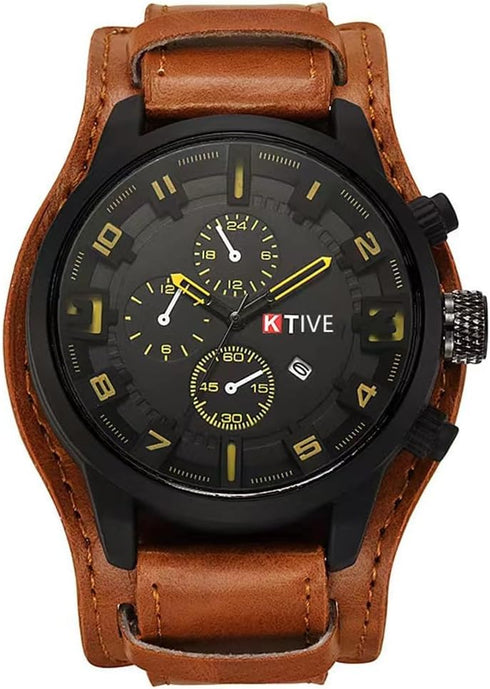 Big Face Round Dial Men Cool Watches Vintage Retro Steampunk Rock Wide Leather Strap Watch Fashion Cuff Sport Watch Quartz Calendar Wristwatch (br...