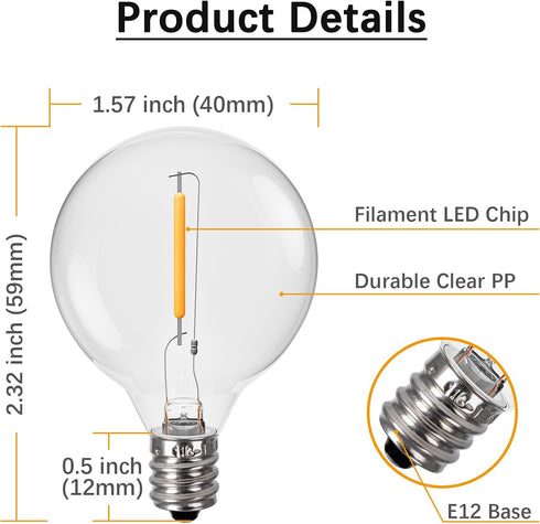 G40 LED Replacement Bulbs 25-Pack, Shatterproof Outdoor String Light Bulb for Patio, 120V 1W E12 Small Round Light Bulbs for Indoor Outdoor Decor,...