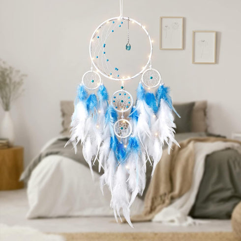 KHOYIME LED Light Up Dream Catcher Half Circle Moon Decor with Lights Handmade Feather Dreamcatchers for Bedroom Bohemian Home Decor Wedding Ornam...