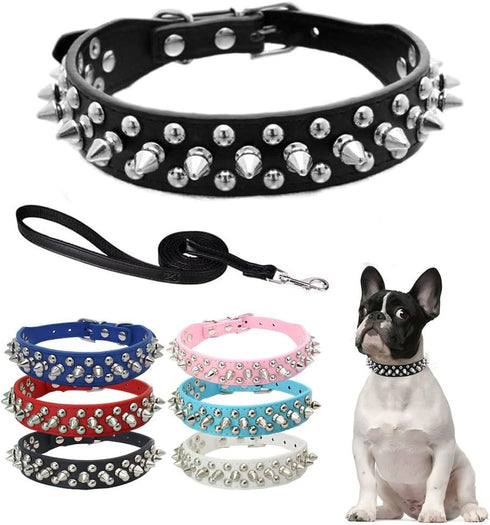 Spike Dog Collar and Leash Set, Studded Mushrooms Faux Pu Leather Durable Soft Metal Rivet Safe Spiked Cat Collars Adjustable for Small Medium Lar...