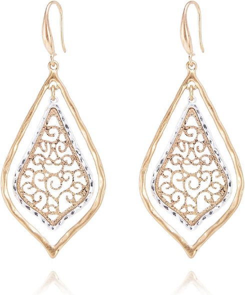 – Boho Filigree Two-Tone Dangle Earrings - Exquisite Handcrafted Jewelry for Boho Chic Style - Large Two Tone Worn Gold and Silver Plated Earring ...