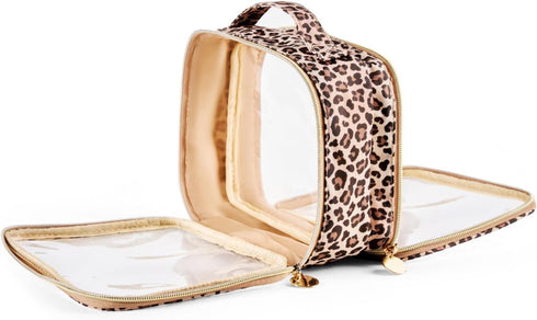 Clear Leopard Travel Makeup Bag Transparent Cosmetic Pouch Portable Toiletry Bags Two Compartments Cosmetic Bag with Handle Nylon and PVC Make up ...