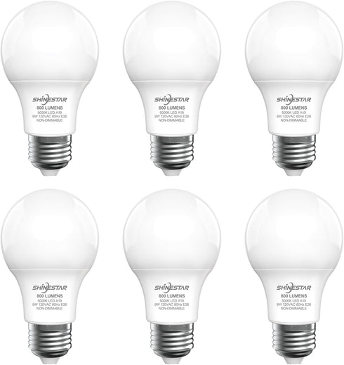 SHINESTAR A19 LED Light Bulb, 60W Equivalent Light Bulbs, E26 Base, 9W 5000K Daylight, 800 Lumens Non-Dimmable LED Bulb, 14000 Hour Lifetime, 6-Pa...