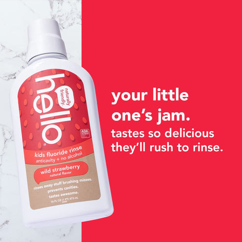 Hello Kids Wild Strawberry Natural Flavor Anticavity Fluoride Rinse - Vegan, Alcohol Free, and SLS Free Mouthwash for Children Age 2 and Up - 16 O...