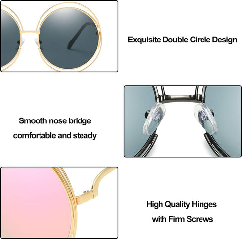 Dollger Metal Double Circle Wire Frame Oversized Round Sunglasses for Women...