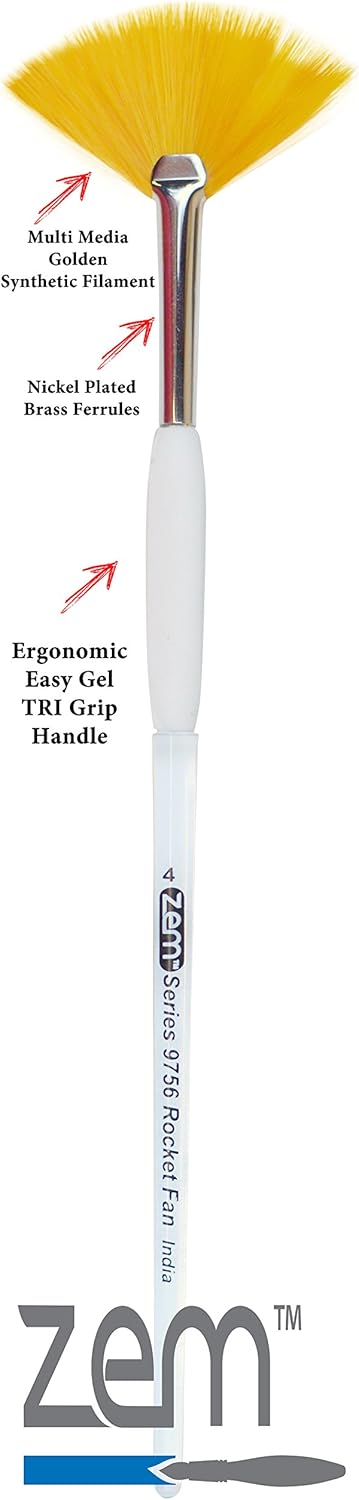 ZEM Brush Rocket Student Gel Grip Ergonomic Fan Short Acrylic Handle Artist Paint Brush Set Sizes 2,4,6...