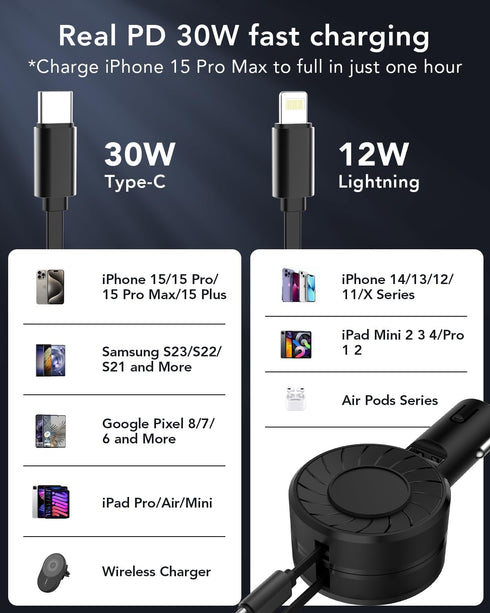 Retractable Car Charger, 3 in 1 Fast Car Phone Charger, 2 Retractable Cables and 1 USB Ports Small Car Charger Adapter, Car Charger Compatible wit...