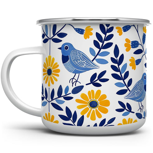 Floral Bird Enamel Camping Coffee Mug, Nature Flowers Botanical Gift Cup for Friend Coworker Women Mom (12oz)...
