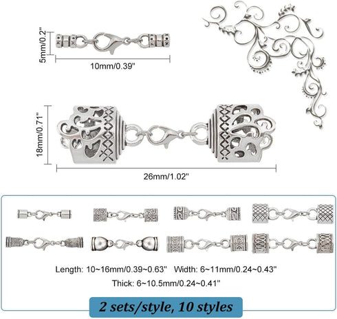 PH PandaHall 20 Sets 10 Styles Leather Cord End Caps Alloy Cord End Caps with Lobster Clasp End Tip with Loop Ring Connector for DIY Crafts Jewelr...